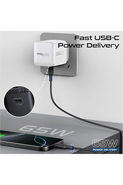 Promate 65W GaNFast Charger With USB-C Port, Built-In 65W Retractable Cable - White