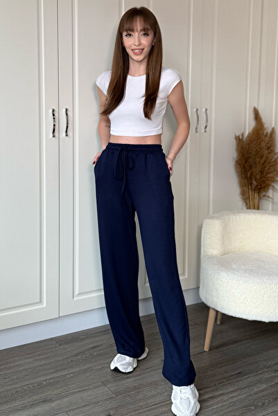 Dilay Gökoğlu Butik Modal Soft Textured Comfortlux Wide Leg Navy Blue Trousers
