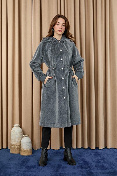 Puane Women's Tunneled Waist Hooded Long Fox Coat - 15234Kbn - Antracite