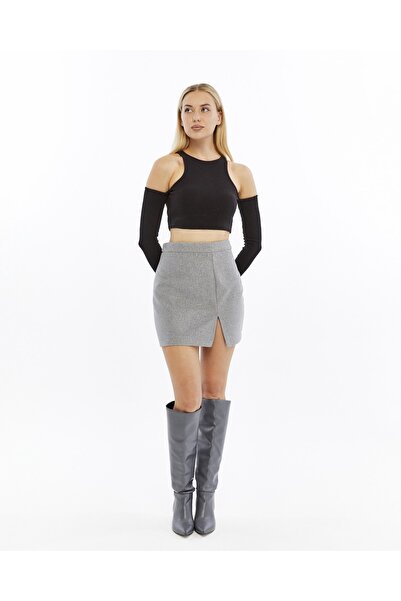MODAMERSİ Women's Gray Slit Cashmere Skirt