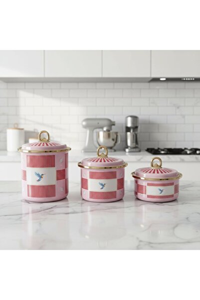 FAIR HOME 3-Piece Bird Studio Pink Color Bird Patterned Enamel Countertop Jar Set - 950-650-400 ml.