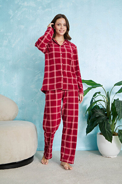 STELLAPİNK Bordo Fitilli Kare Detaylı Düğmeli Polar Pijama Takımı
