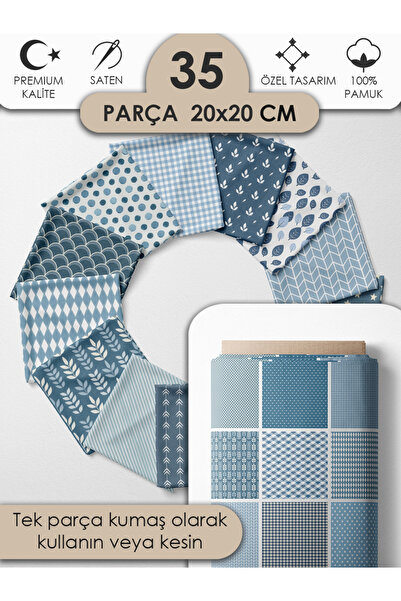 FabricMarket %100 Pamuk Saten Patchwork Kumaş Seti – 35 Adet 20×20 cm, Renkli Parçalar