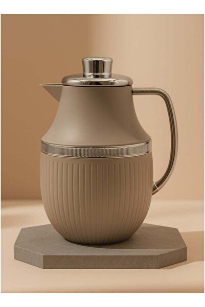 ALQANNAS ترمس شاي وقهوة فاخر سعة 1 لتر - رمادي فاتح مع لمسة نهائية خشبية