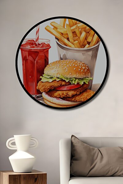 Teona Ahşap Tablou decorativ cu aspect de cadru rotund din lemn, cu hamburger...