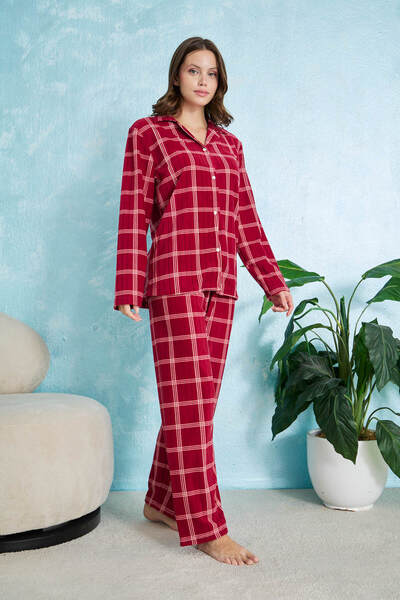 STELLAPİNK Bordo Fitilli Kare Detaylı Düğmeli Polar Pijama Takımı