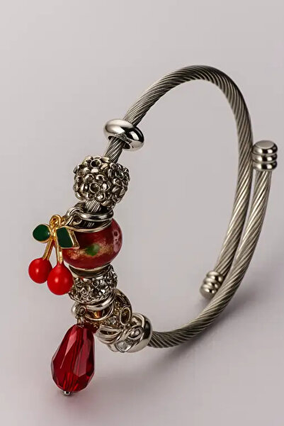 OSMANLI GÜMÜŞ Women's Steel Bracelet - Charm Model Bracelet - Cherry Model Women's Bracelet