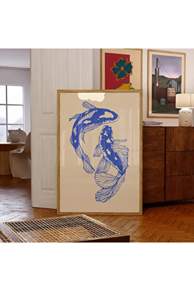 512 STORE Estetik Japon Blue Fish / Mavi Balık Tasarım Desen Dekor Çerçevesiz...
