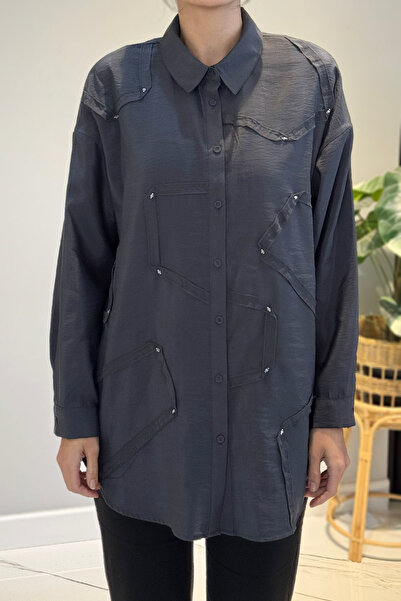 Ceremony Button Detailed Long Sleeve Decorative Stitched Shirt 6146 Anthracite