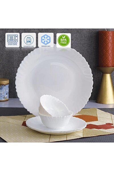 Houzi 16 Pcs Opal ware Dinner Set 4 x Dinner plate 4 x Dessert plate 4 x Bowl 4 x Cup and saucer