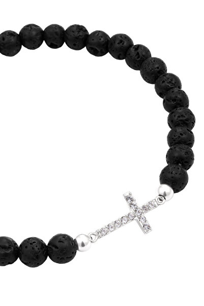 KUZZOI Bracelet Bracelet Men Cross Lava Xilion Cut Black Glass Crystals White 925 Sterling Silver 19 cm