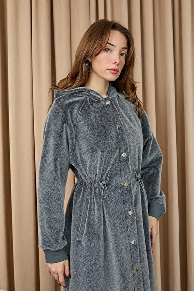 Puane Women's Tunneled Waist Hooded Long Fox Coat - 15234Kbn - Antracite