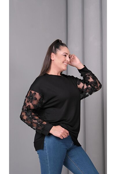 Ebsumu Women's Plus Size Transparent Sleeve Black Sweatshirt