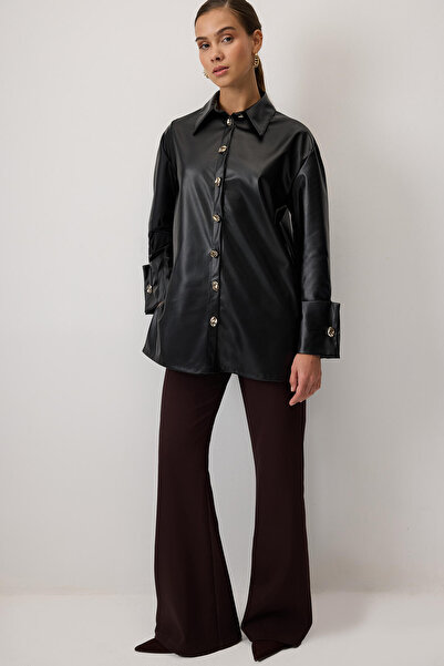 Touché Privé Faux Leather Shirt with Wide Cuffs
