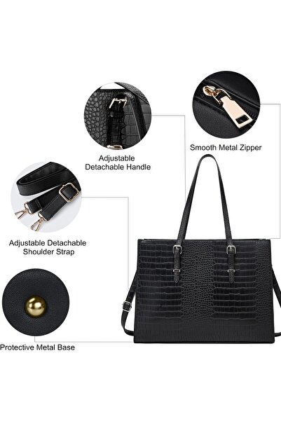 007 حقيبة كمبيوتر محمول JJ OJCL نسائية مقاس 39 سم - حقيبة كتف أنيقة من الجلد المقاوم للماء، لون أسود