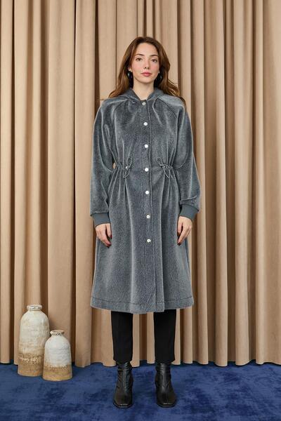 Puane Women's Tunneled Waist Hooded Long Fox Coat - 15234Kbn - Antracite