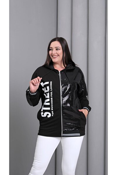 Ebsumu Kadın Büyük Beden Street Baskılı Fermuarlı Siyah Sweatshirt