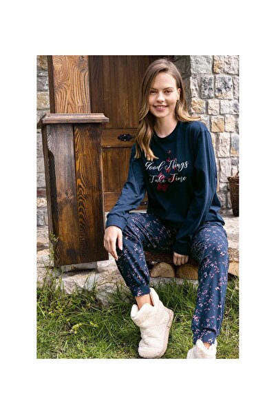 Aydoğan Women's Navy Blue Pajama Set 95% Cotton Long Sleeve Crew Neck