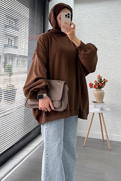 MELEK ARAZ سويت شيرت نسائي برقبة دائرية قصة فضفاضة – بني