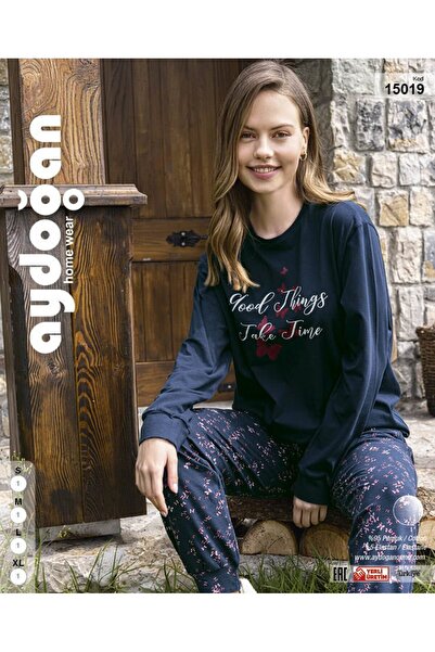 Aydoğan Women's Navy Blue Pajama Set 95% Cotton Long Sleeve Crew Neck