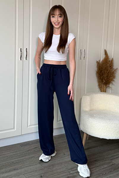Dilay Gökoğlu Butik Modal Soft Textured Comfortlux Wide Leg Navy Blue Trousers