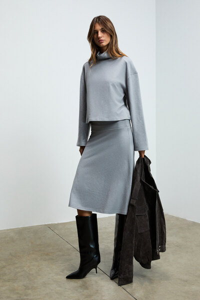 GRIMELANGE SERTRE Kadın Yumuşak Ve Esnek Kumaşlı Midi Boy Gri Etek