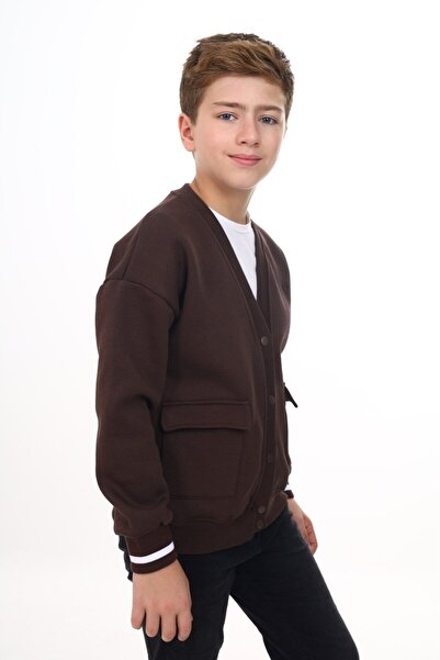 Toontoy Brown Boy's V-Neck Snap Closure Pocket Low Shoulder Embroidery Printe...