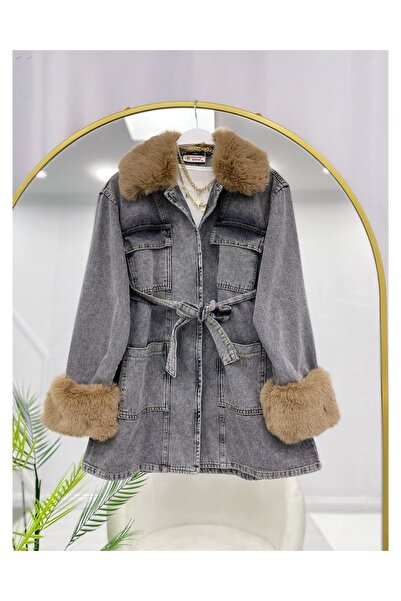 YEDİLALE Τζιν μπουφάν με ζώνη με λεπτομέρειες από γούνα