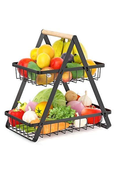 OEM Black Metal Basket with 2 Tiers Kitchen Organizer with Wooden Handle, 30x...