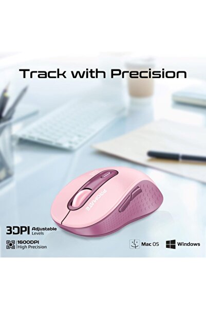 Promate Wireless Mouse, Ergonomic Ambidextrous, 1600DPI, 150H Working Time for MacBook, KEN PINK