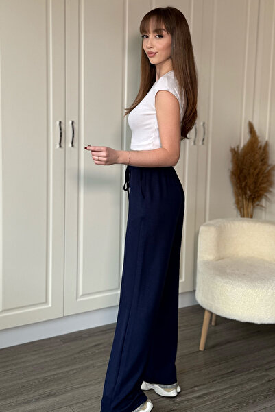 Dilay Gökoğlu Butik Modal Soft Textured Comfortlux Wide Leg Navy Blue Trousers