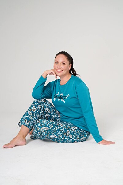 PİJAPİA Büyük Beden Kadın Mavi Uzun Kollu %100 Pamuk Pijama Takımı Rahat ve Yumuşak Dokulu