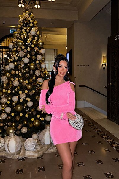 Vogue Pembe tek omuz mini elbise