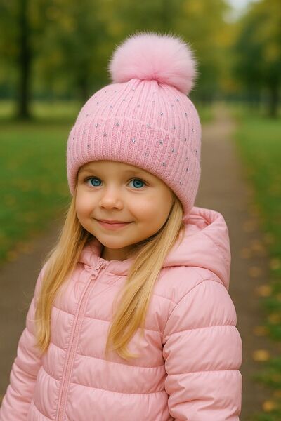 Trend Şapka 19003 Triko Kumaş Ponponlu Taş Baskılı Pembe Çocuk Beresi 3-7 Yaş