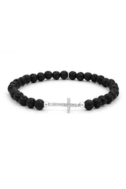 KUZZOI Bracelet Bracelet Men Cross Lava Xilion Cut Black Glass Crystals White 925 Sterling Silver 19 cm