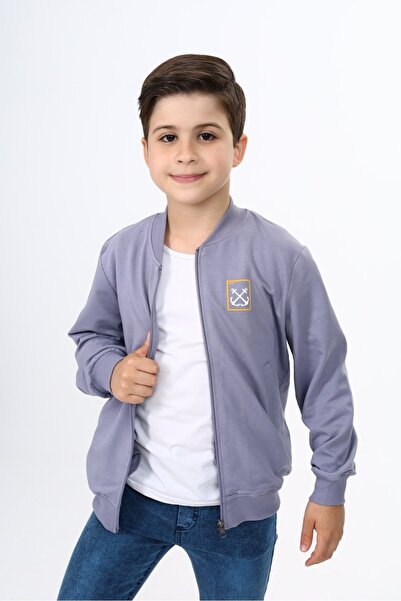 Toontoy Dark Gray Boys' College Collar Zippered Pocket Embroidery Printed Kni...