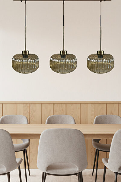 Bamyum Mola Üçlü Avize Bal Rengi Cam İnce Eskitme Başlık Retro Sarkıt Lamba Salon Aydınlatma