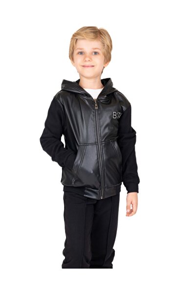 best kids Leather Front, Combed Cotton Back, Hooded Sweat Cardigan