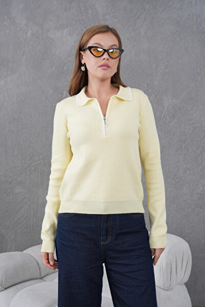 Park Karon Pulover tricotat pentru femei, cu guler polo, cu fermoar