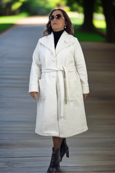 yagmurberen Mono Collar with Belt, Pocketed, Unlined, Large Size Women's Buckle Coat