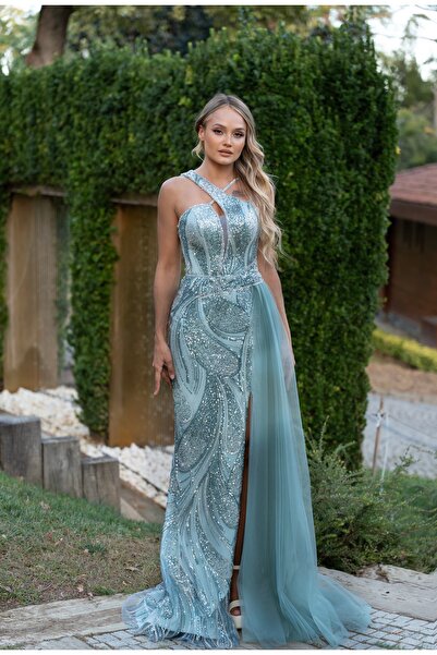 MissBetül Full Dantel Çapraz Askılı Yırtmaçlı Abiye Nişan Elbisesi