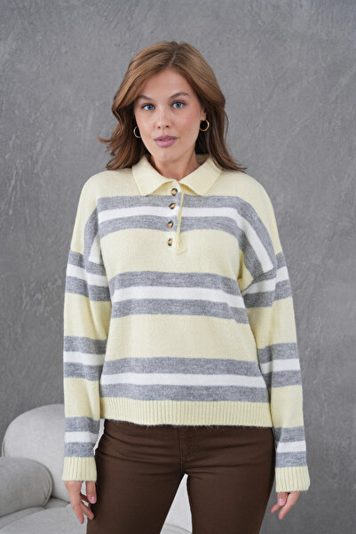 Park Karon Γυναικείο πλεκτό πουλόβερ με ριγέ πόλο με λαιμόκοψη