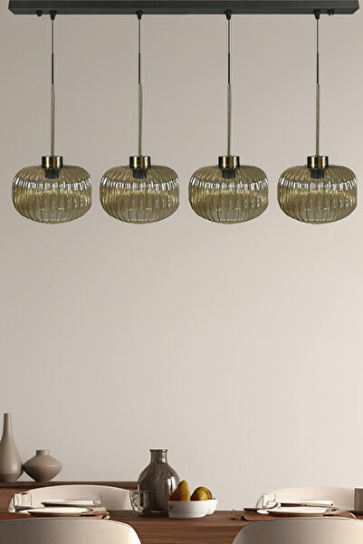 Bamyum Mola Cam Bal Rengi Dörtlü Avize İnce Eskitme Başlık Retro Sarkıt Lamba Salon Aydınlatma