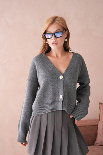 Park Karon Women's Polo Collar Button Detail Oversized Knitwear Cardigan