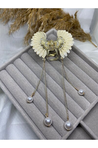 Kaan Accessoire Luxury Gold Feather Wing/Angel Wing Pearl Dangle Rhinestone Hair Clip / Stylish Bun Clip