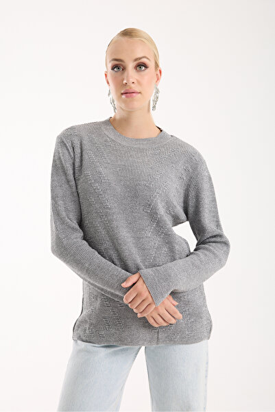 Moda Days Women's Gray Thessaloniki Knitted Crew Neck Glitter Knitwear Sweater