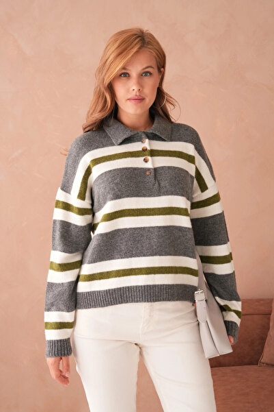 Park Karon Γυναικείο πλεκτό πουλόβερ με ριγέ πόλο με λαιμόκοψη