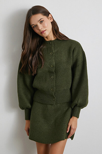 Never more Cardigan Skirt Knitwear Set Khaki