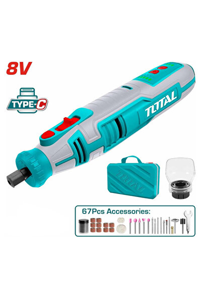 TOTAL 8V Li-ion Rotary Grinder Kit TMGLI0801: Cordless Rotary Tool Set with 67 Accessories