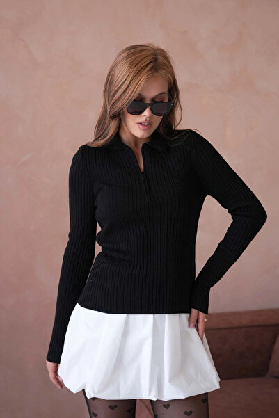 Park Karon Women's Polo Neck Zipper Detail Ribbed Knit Knitwear Sweater